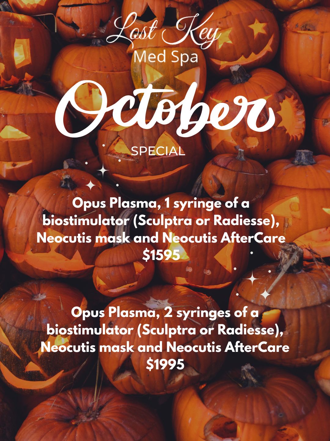Lost Key Med Spa October special with Opus Plasma, Sculptra or Radiesse, and Neocutis in Pensacola FL